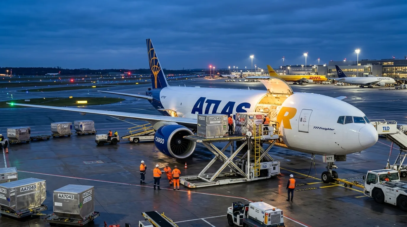 Boeing 777 freighter at Istanbul Airport (IST) cargo terminal loading ULD pallets at dusk
