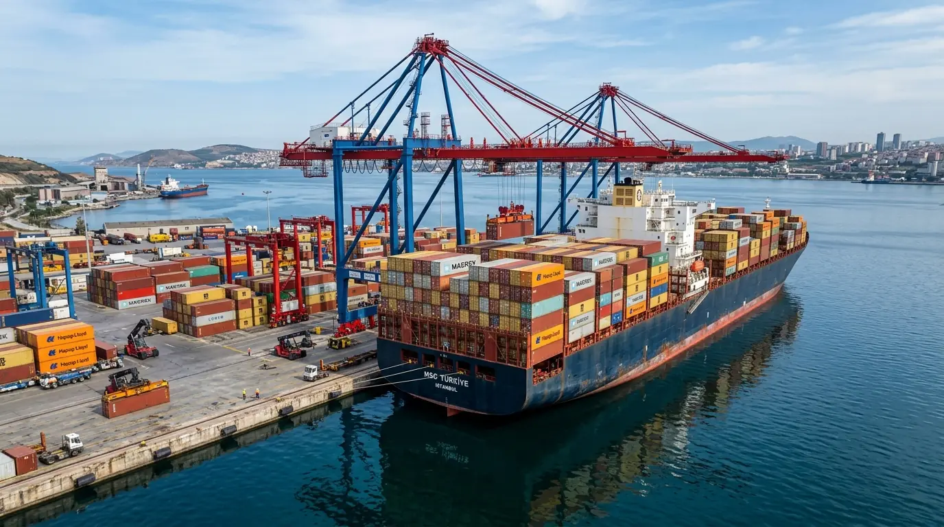 Ultra-large container vessel MSC Türkiye loading at Turkish deep-water port with STS cranes