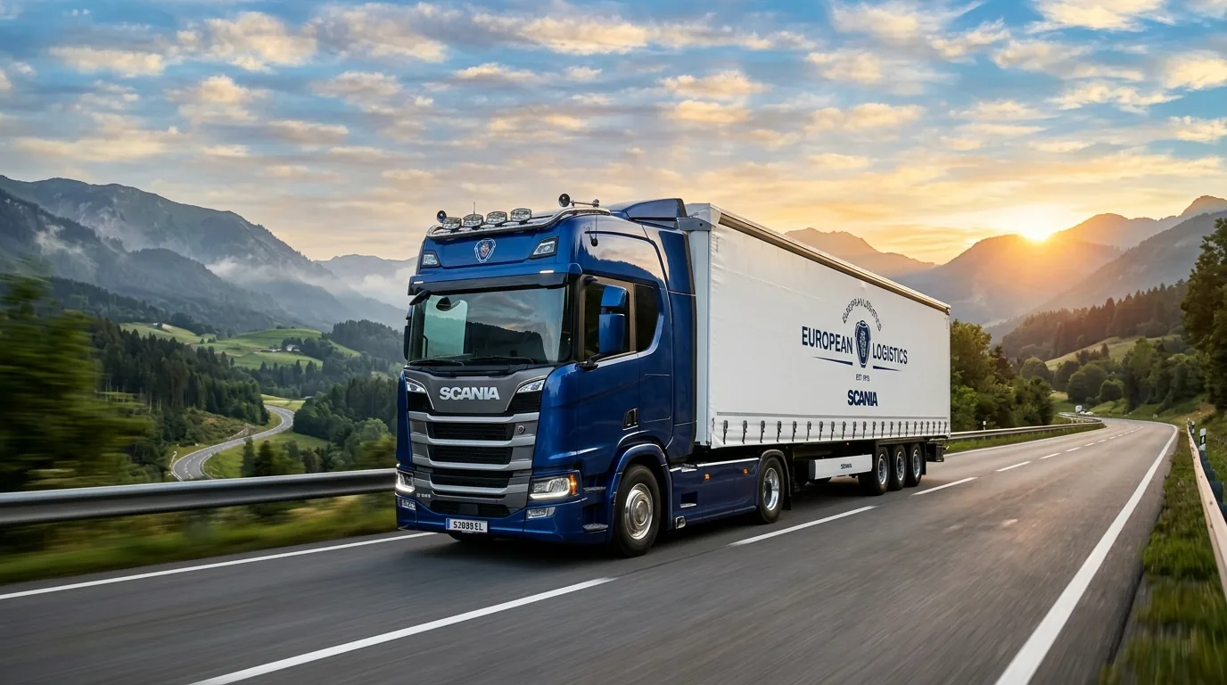 International road freight transport with modern heavy truck and semi-trailer on European trade route